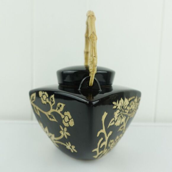 Asian Black and Beige 5pc Ceramic Tea Set Floral Design Bamboo Handle - Picture 4 of 14
